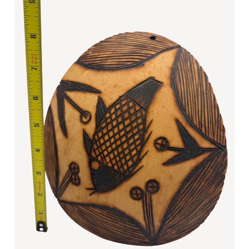 Hand Carved Peruvian Gourd Wall Art Pair Pyrography Fish Antelope Folk Decor - Picture 7 of 9